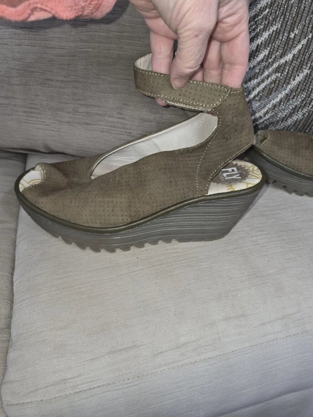FLY London YALA Women 38W Suede Leather Peep Toe Ankle Wedge Sandals 7.5W TAUPE